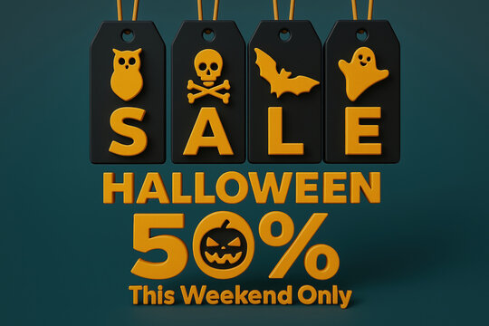 Eye-Catching Halloween Sale Tags with 50 Percent Discount and Themed Icons for Weekend Promotions and Seasonal Shopping Events