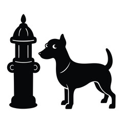 Dog Silhouette Contemplating Hydrant Black and White Simple Image A Canine Classic Exploring Urban Elements in Stylized Simplicity