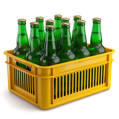 Yellow crate holding twelve green glass bottles with golden caps green bottles beverage