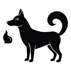 Stylized Black Silhouette of a Dog Standing Proudly with a Swirled Tail and a Drop Shape Nearby