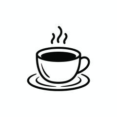 Simple black and white illustration of a steaming cup of coffee on a saucer