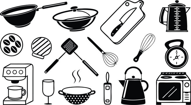Whimsical kitchen essentials presented in a clean, minimalist culinary graphic art style perfect for modern designs.