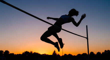 Silhouette of female high jumper clearing bar during sunset, sports performance moment.

