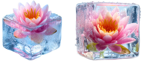 set of 2 artificial pink blooming lotus flower frozen inside ice cubes isolated over white (transparent) background; concept of indian holiday, creative india advertising 