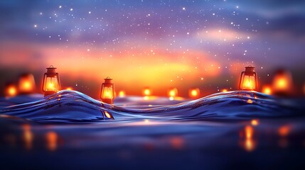 Lanterns softly drifting over ocean waves at night with sparkling stars above creating a tranquil atmosphere