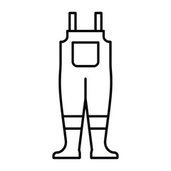 Simple line art icon of fishing waders with a front pocket and straps