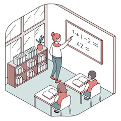 A teacher stands at a whiteboard in a classroom pointing to a math equation while two students sit at desks and study
