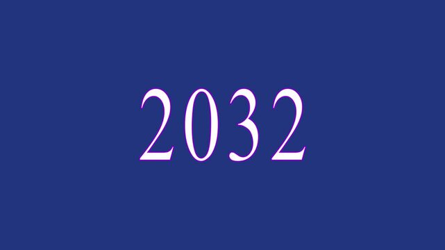 Isolated bright New Year 2032 text on transparent background. Words. 4K animation of infinitely  text animation.