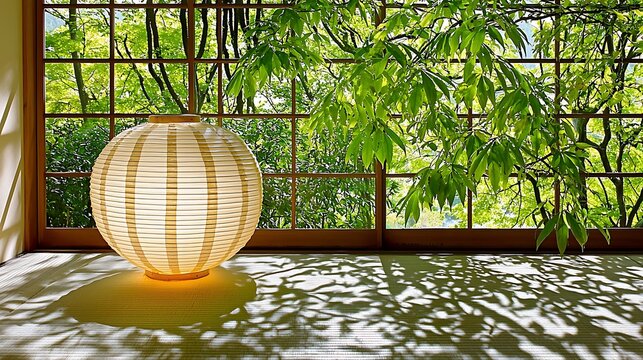 Quiet night in a traditional room softly lit by a glowing paper lantern casting warm light and subtle shadows