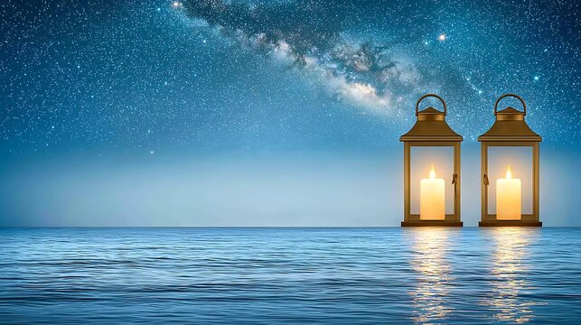 Lanterns released into the sea glowing warmly beneath a vast cosmic night sky filled with stars