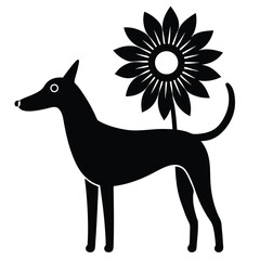 Stylized Silhouette of a Dog with a Sunflower, Simple Black and White Illustration of Nature and Companion Animals