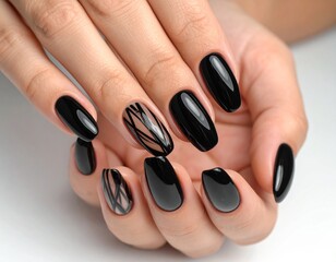 Elegant Black Nail Art Design with Geometric Accents