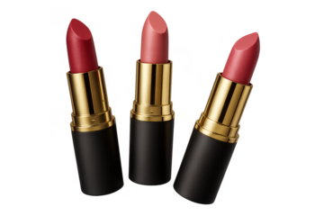 Elegant lipsticks in three colors isolated on a transparent background, beauty