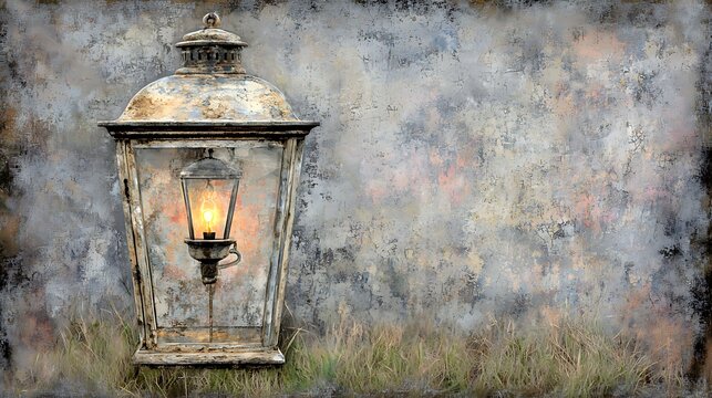 Weathered lantern with flickering light casting warm, moody shadows in a textured, atmospheric environment