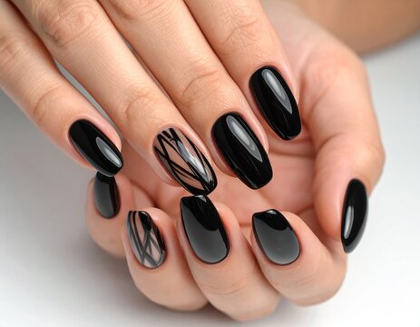 Elegant Black Nail Art Design with Geometric Accents