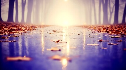 Nighttime forest path wrapped in mist with flickering lanterns casting gentle warm light over drifting leaves