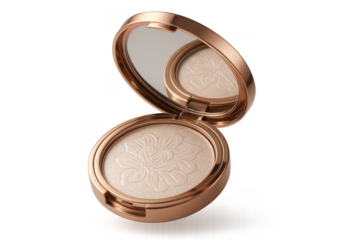 Elegant rose gold powder compact with floral design isolated, transparent background