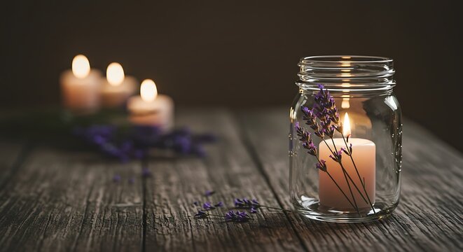 A lit candle in a glass jar decorated with lavender, with other candles blurred in the background on a wooden surface.