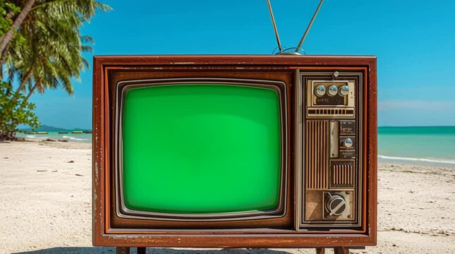 Vintage TV with green screen on tropical beach, perfect for mockup or video editing.