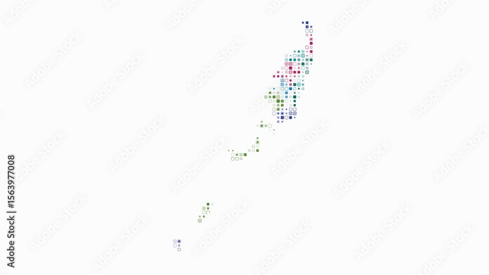 Poster palau dotted animation. shape of the country build of pulsating colored dots. small size rounded squ