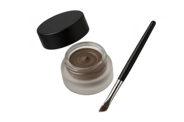 Brow pomade in a glass jar with brush isolated on transparent background, cut out