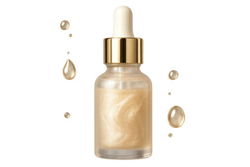 Serum bottle with gold shimmer isolated on transparent background, luxurious