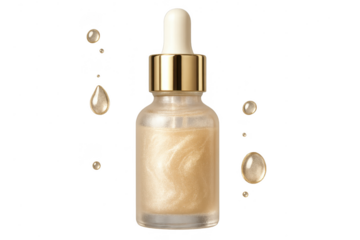 Serum bottle with gold shimmer isolated on transparent background, luxurious