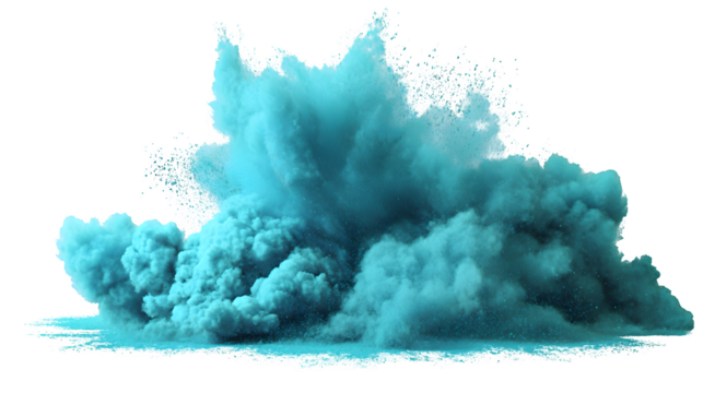 Blue aquamarine turquoise color powder dust explosion PNG transparent background isolated graphic resource. Celebration, colorful festival, run or party element