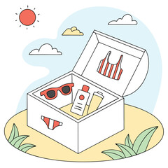 Open treasure chest filled with summer vacation essentials like sunglasses sunscreen swimsuit and bikini under a sunny sky