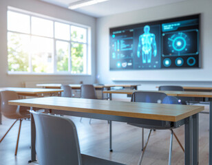 Futuristic classroom with interactive holographic displays and AI tutors, clean daylight.
