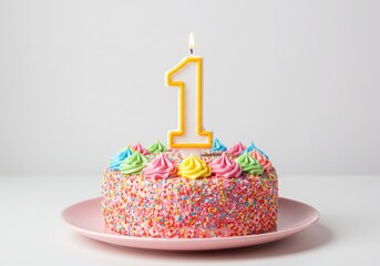 A festive first birthday cake adorned with colorful frosting and sprinkles
