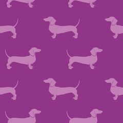 Seamless dachshund silhouettes in pink on purple background, perfect for playful textile use