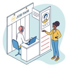 Diverse woman smiles and gestures towards a job fair booth with a recruiter at a laptop and a display featuring a candidate profile illustration