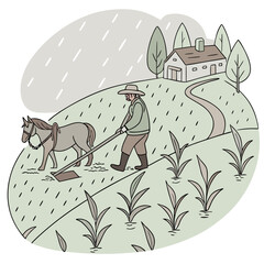 Farmer with horse plowing field during light rain near a small house and growing plants in a rural landscape illustration