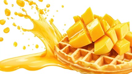 Cutout of mango sauce splashing onto a crispy waffle topped with fresh mango slices, its bright hue emphasizing tropical sweetness, isolated on a PNG transparent background