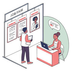 Man looking at job postings at a career fair while a woman sits at a desk with a laptop and speech bubble indicating communication