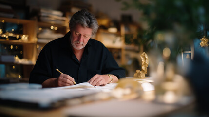 A sculptor assembling a statue in a cozy studio workspace
