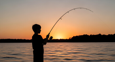Silhouette of young boy fishing at calm lake during vibrant sunset, peaceful outdoor scene.