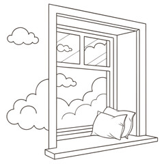 A simple line drawing of an open window with two fluffy pillows resting on the sill overlooking a sky filled with fluffy white clouds