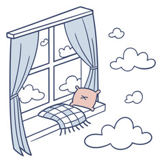 Cozy window seat with a checkered blanket and pink pillow overlooking a sky filled with fluffy cartoon clouds and soft blue curtains