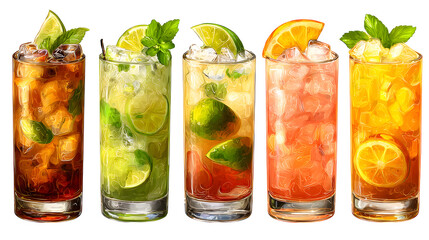 Cuba Libre, Long Island, Mojito, Paloma, Tequila Sunrise, Screwdriver cocktail transparent PNG set bundle, isolated background. Bar menu cocktails in highball glass, colorful refreshing drink garnish