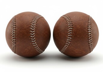 Two classic brown leather baseballs with white stitching on a white background