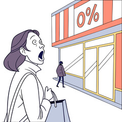 Shocked woman sees zero percent interest rate sign on storefront while holding shopping bag and another person walks by