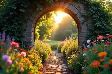 Sunlit Rustic Archway Leads to Vibrant Wildflower Garden - Perfect Summer Solstice, Travel, and Vacation Imagery