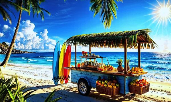 A vibrant beach scene with a palm tree and a sunny sky. There is a colorful cart filled with fresh fruits and a surfboard leaning against it.