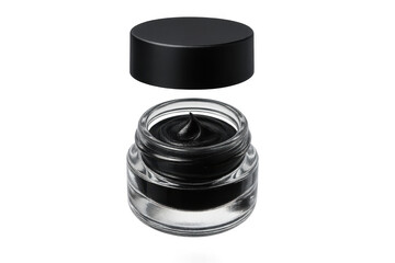 Open jar of black eyeliner isolated on a transparent background, cosmetics