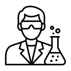 Scientist in lab coat and goggles with bubbling erlenmeyer flask icon