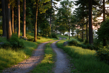 Obraz premium Winding forest path bathed in golden sunlight illuminating lush green grass and tall trees gravel