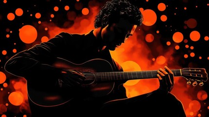 Obraz premium Guitarist Silhouette in Fiery Background