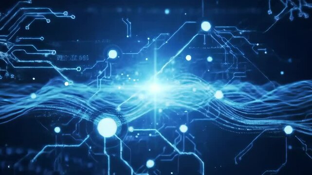 Abstract blue tech background with digital waves, dynamic network system, artificial neural connections, cyber quantum computing and electronic global intelligence	